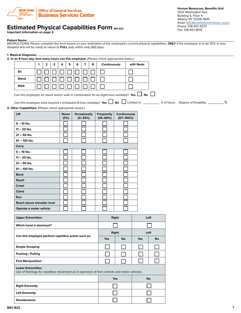 Form BSC-B22 Estimated Physical Capabilities Form - New York, Page 1