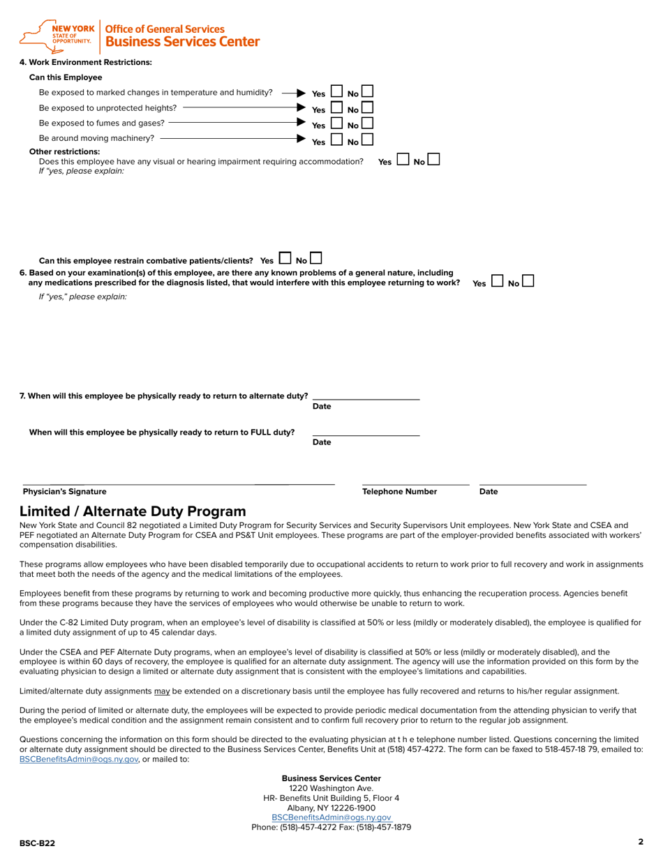 Form BSC-B22 Estimated Physical Capabilities Form - New York, Page 2