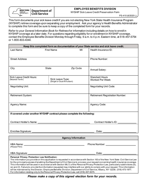 Form PS-410 Nyship Sick Leave Credit Preservation Form - New York