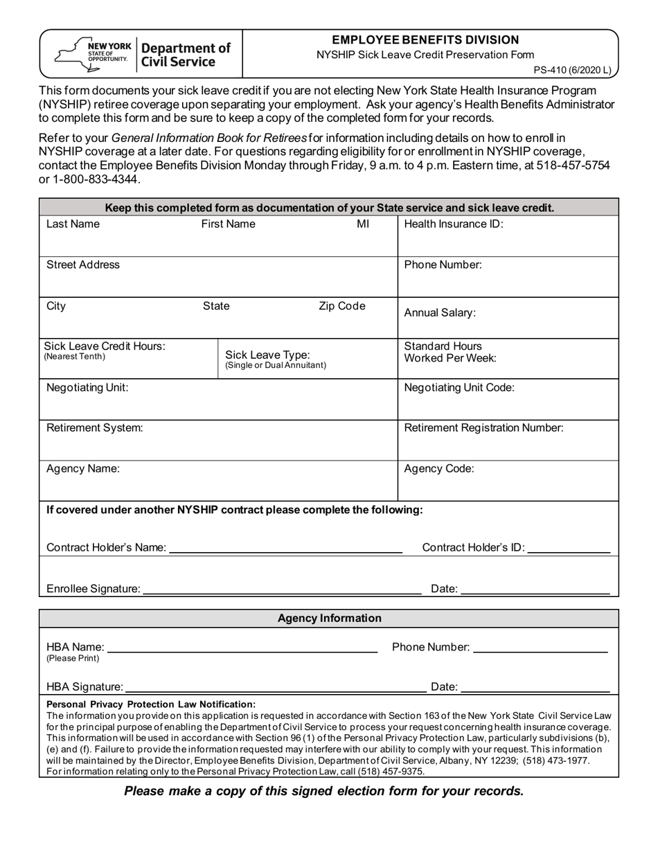 Form PS-410 Nyship Sick Leave Credit Preservation Form - New York, Page 1