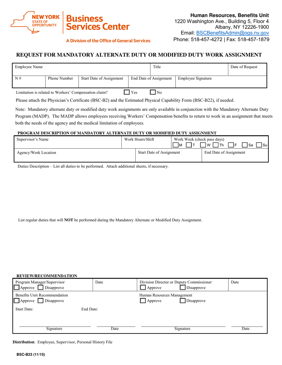 Form BSC-B23 Request for Mandatory Alternate Duty or Modified Duty Work Assignment - New York, Page 1