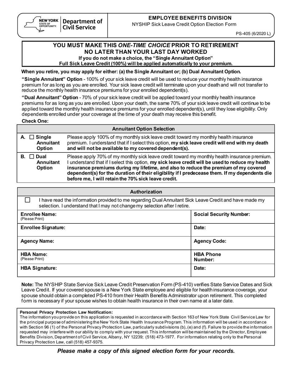 Form PS-405 Nyship Sick Leave Credit Option Election Form - New York, Page 1