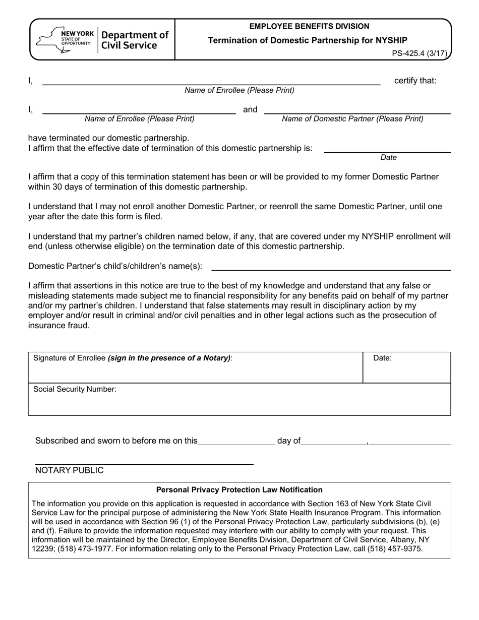 Form PS-425.4 Termination of Domestic Partnership for Nyship - New York, Page 1
