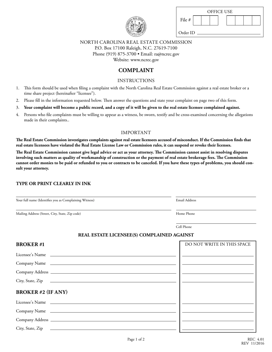Form REC4.01 Complaint - North Carolina, Page 1