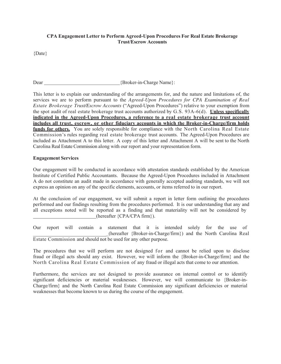 CPA Engagement Letter to Perform Agreed-Upon Procedures for Real Estate Brokerage Trust / Escrow Accounts - North Carolina, Page 1