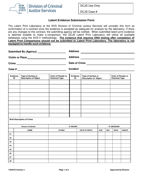 Latent Evidence Submission Form - New York Download Pdf