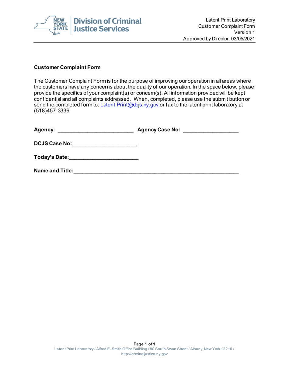 Customer Complaint Form - New York, Page 1