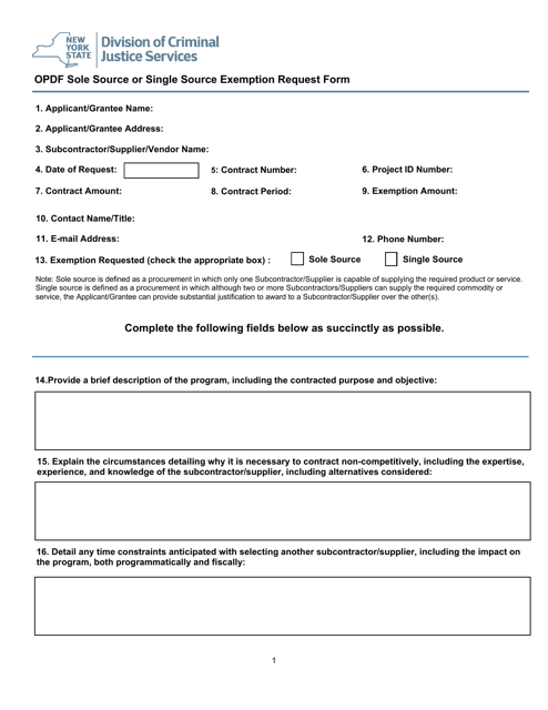 Opdf Sole Source or Single Source Exemption Request Form - New York Download Pdf