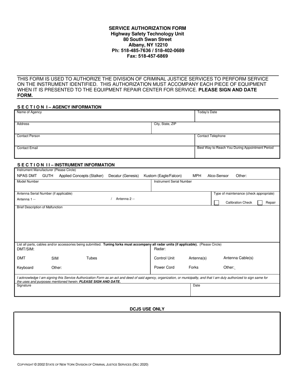 Service Authorization Form - New York, Page 1