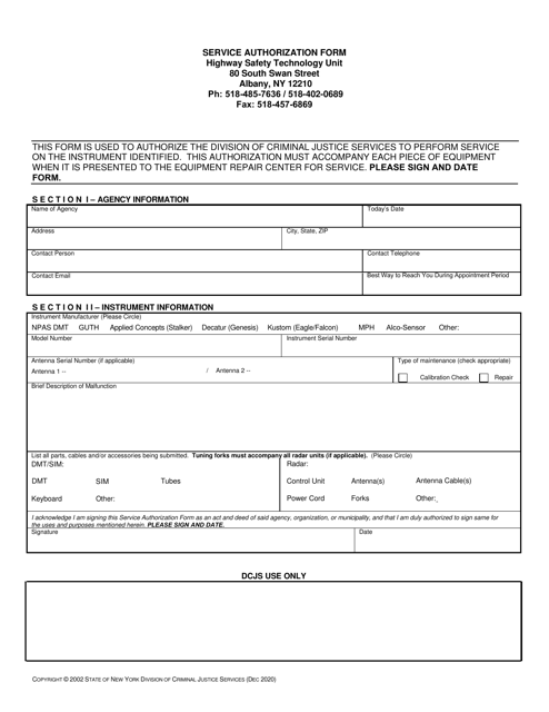 Service Authorization Form - New York Download Pdf