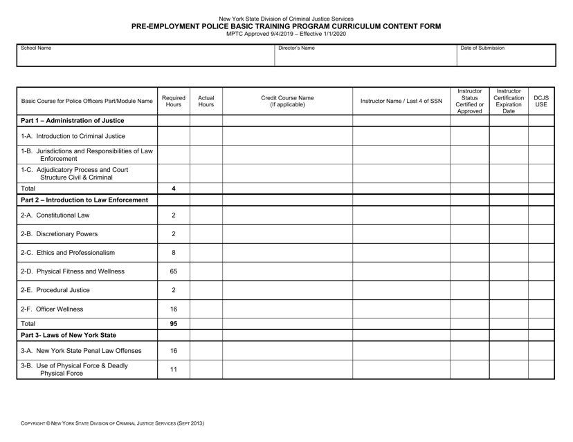 Pre-employment Police Basic Training Program Curriculum Content Form - New York Download Pdf