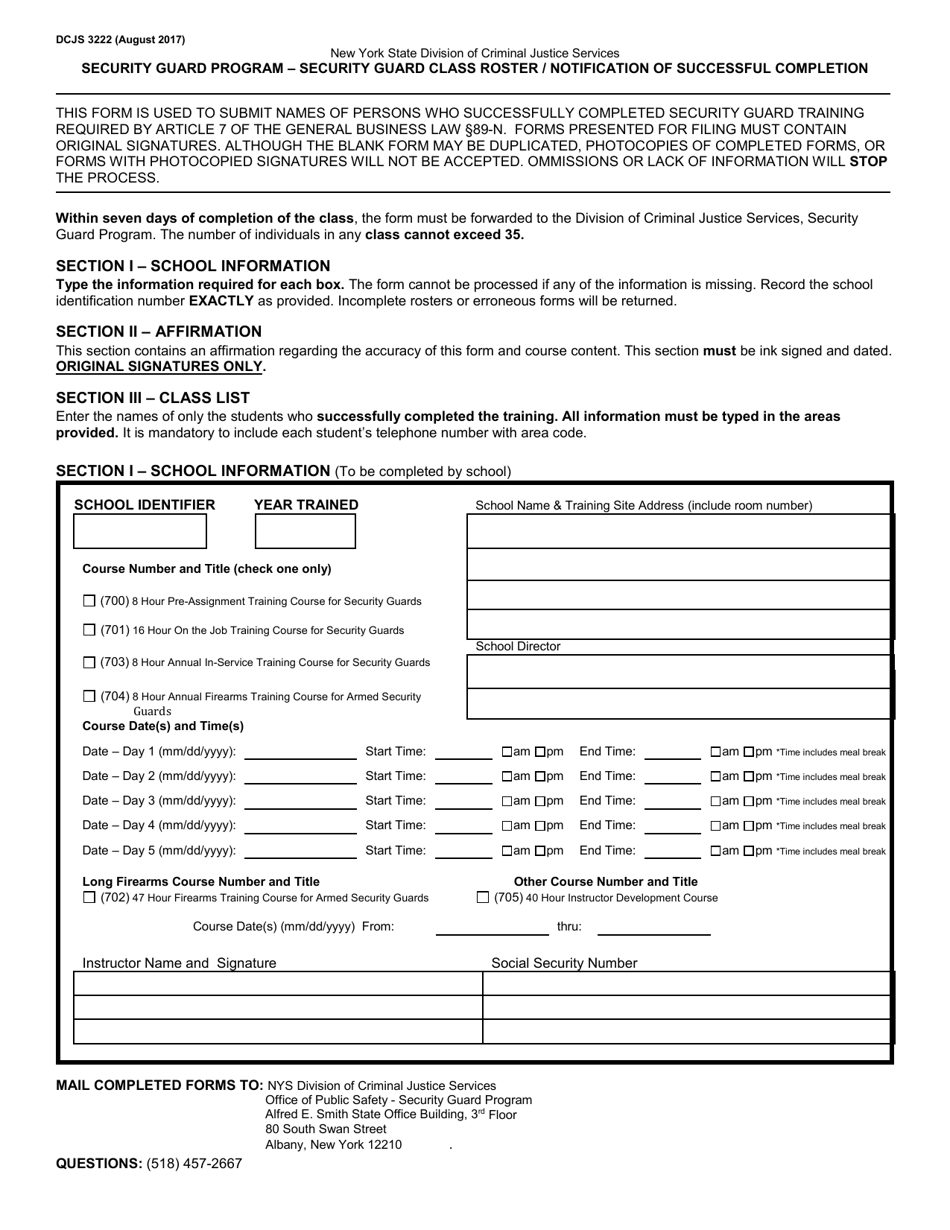 Form DCJS3222 Security Guard Class Roster / Notification of Successful Completion - New York, Page 1