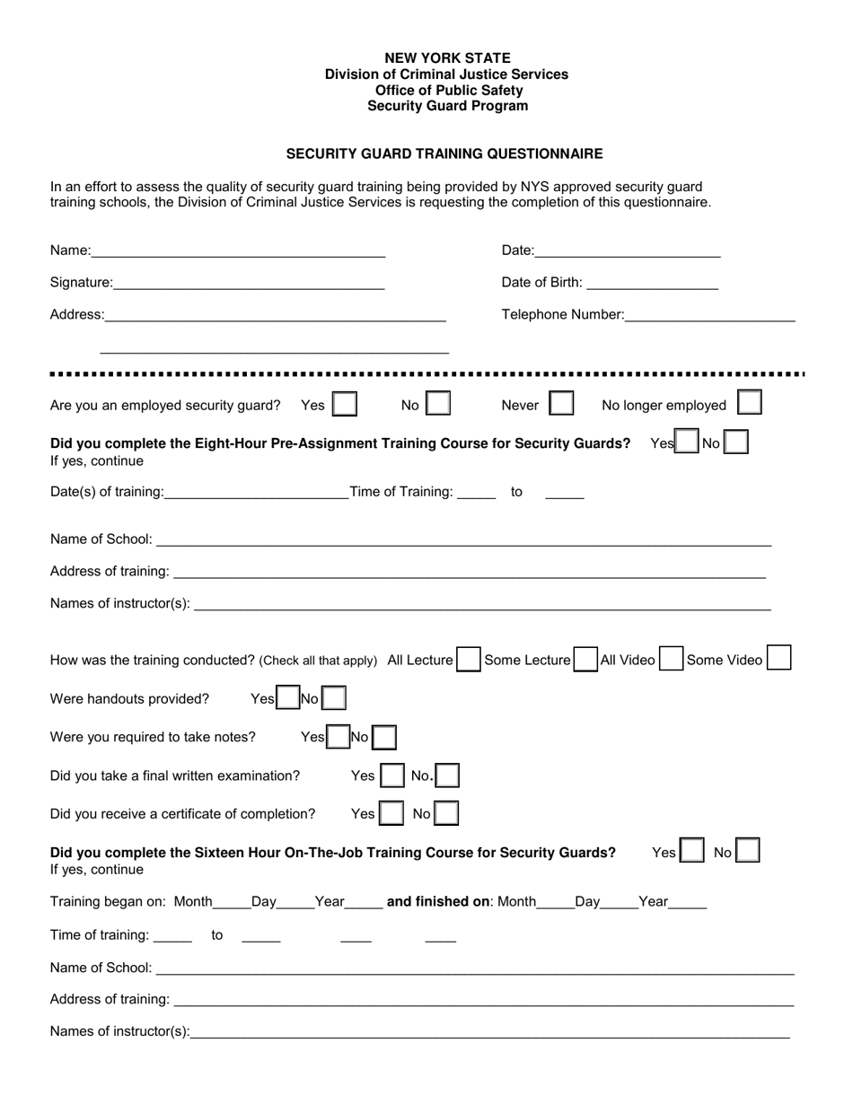 Security Guard Training Questionnaire - New York, Page 1