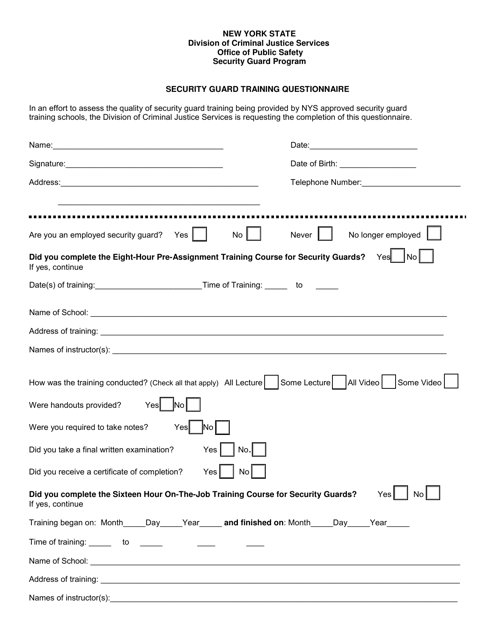 Security Guard Training Questionnaire - New York Download Pdf