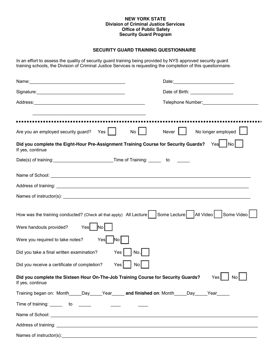 New York Security Guard Training Questionnaire - Fill Out, Sign Online ...