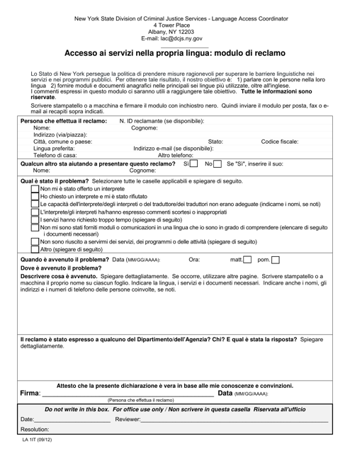 Form LA1IT Access to Services in Your Language: Complaint Form - New York (Italian)