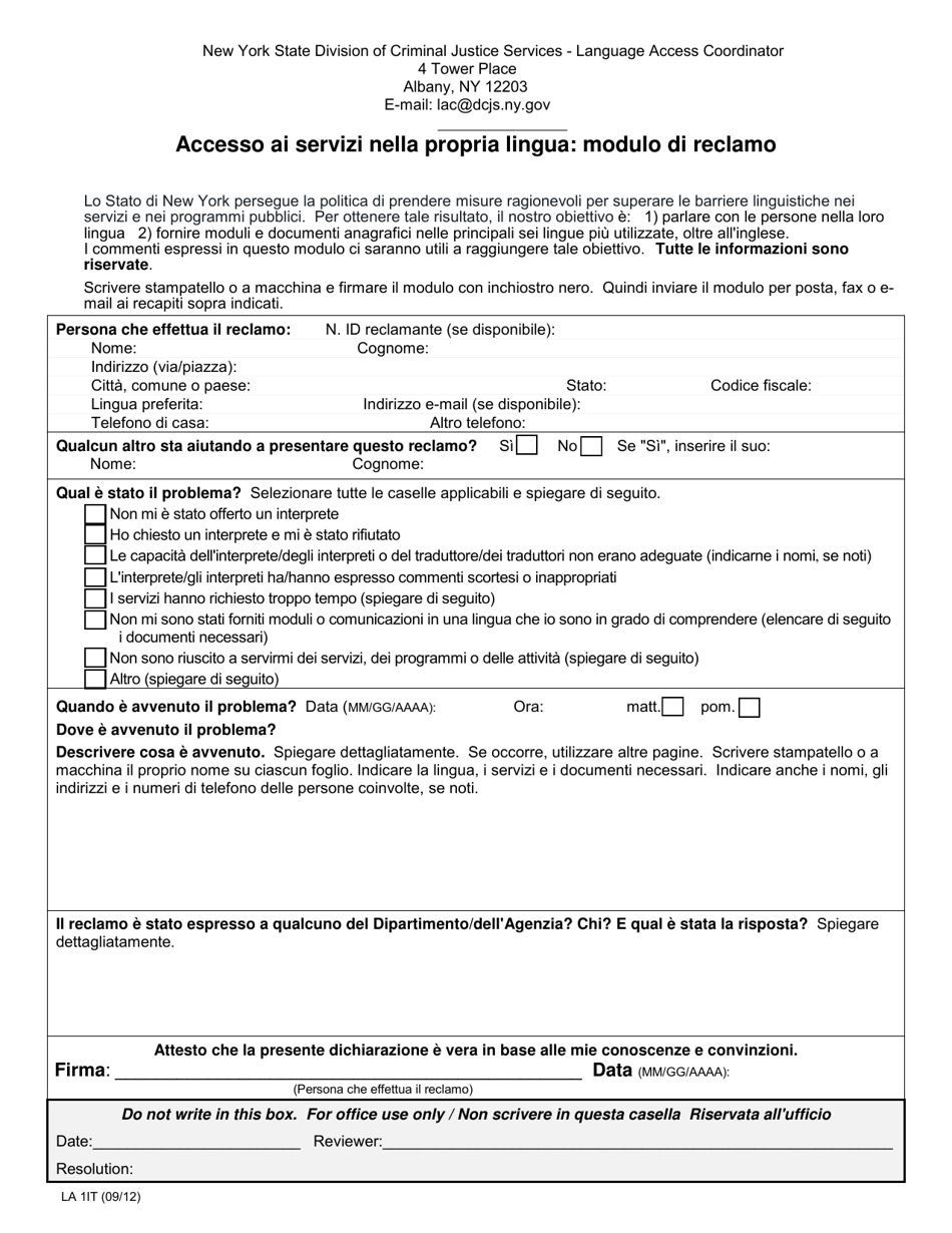 Form LA1IT Access to Services in Your Language: Complaint Form - New York (Italian), Page 1