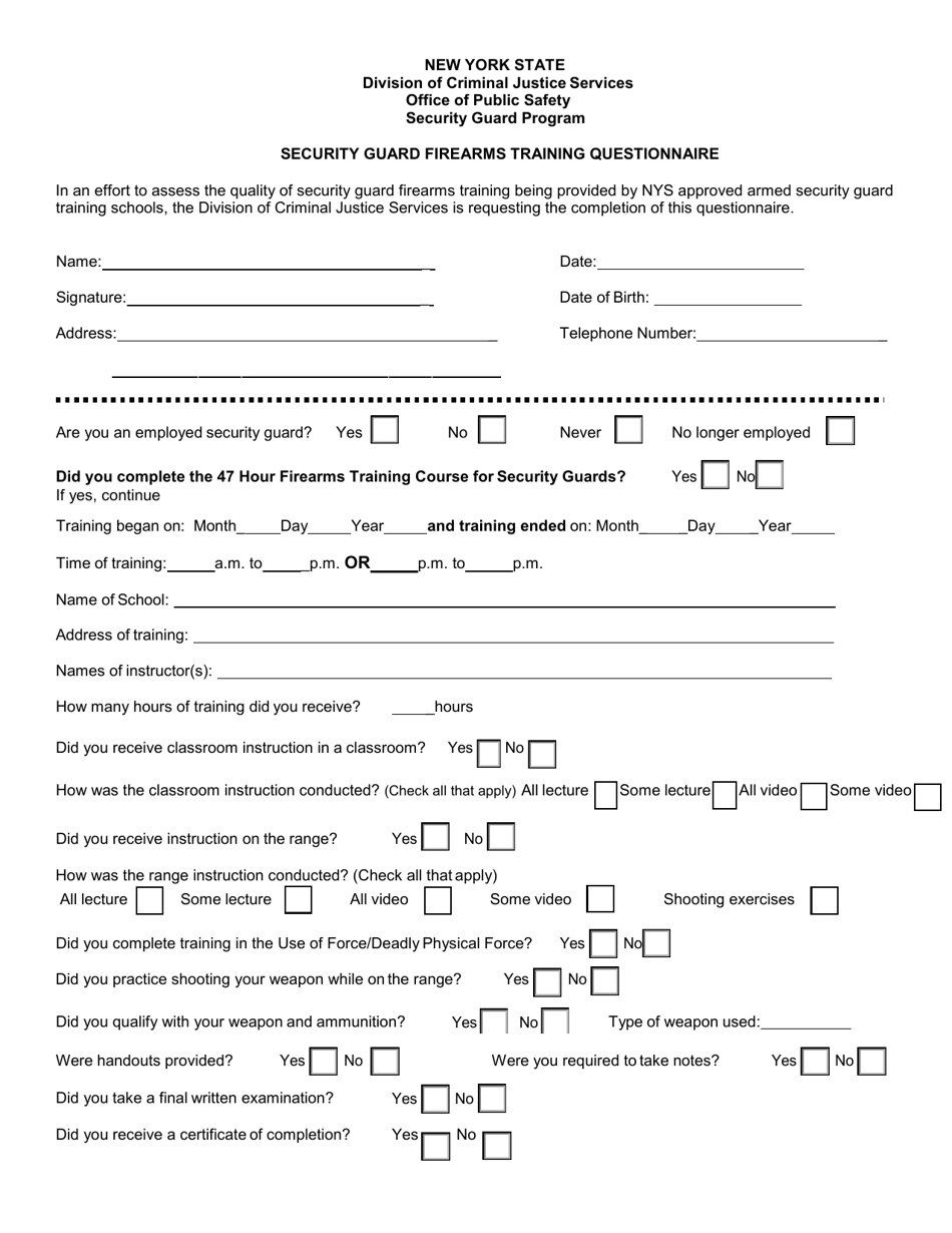 Security Guard Firearms Training Questionnaire - New York, Page 1