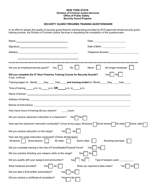 Security Guard Firearms Training Questionnaire - New York Download Pdf