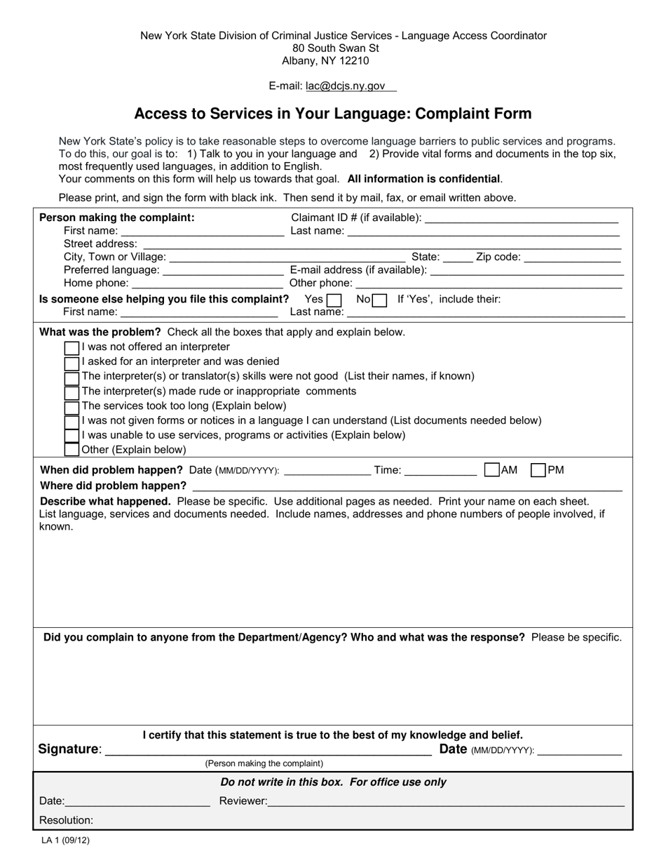 Form LA1 Access to Services in Your Language: Complaint Form - New York, Page 1