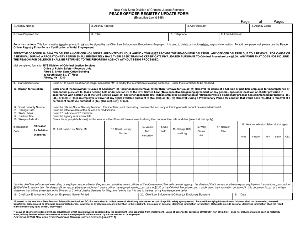 Peace Officer Registry Update Form - New York, Page 1