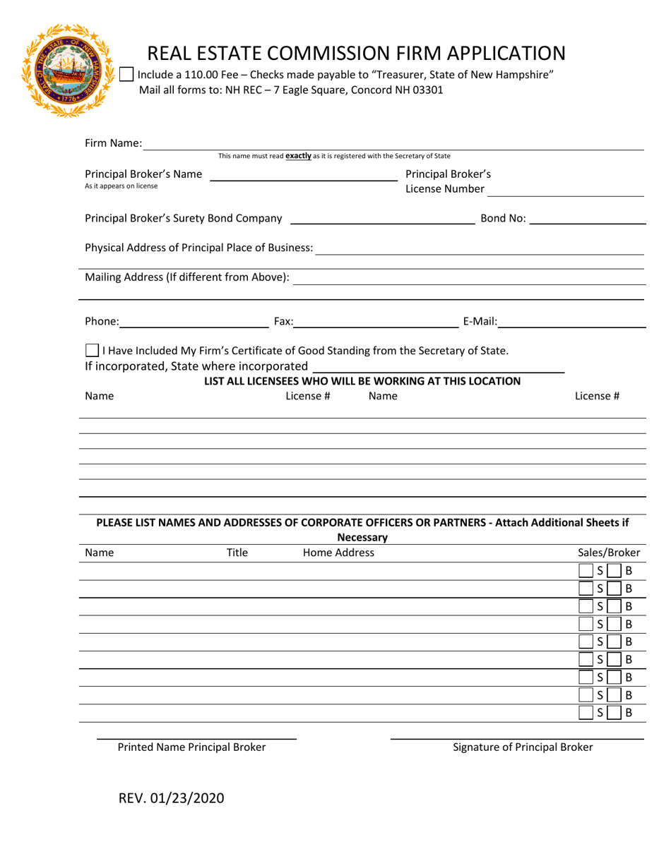 New Hampshire Real Estate Commission Firm Application Fill Out, Sign
