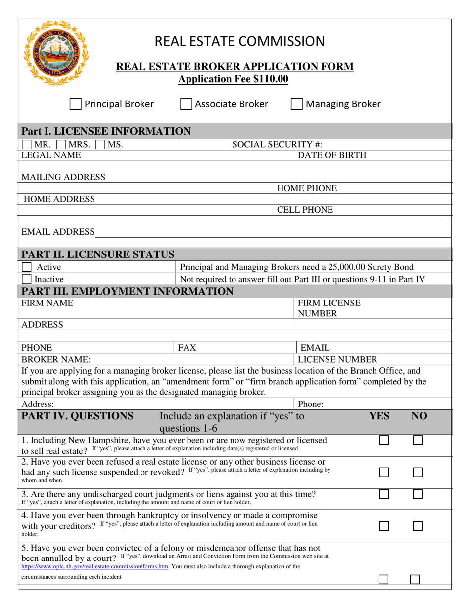 Real Estate Broker Application Form - New Hampshire, Page 1
