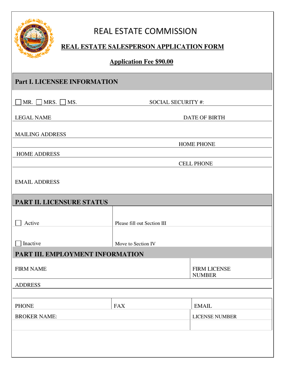 Real Estate Salesperson Application Form - New Hampshire, Page 1