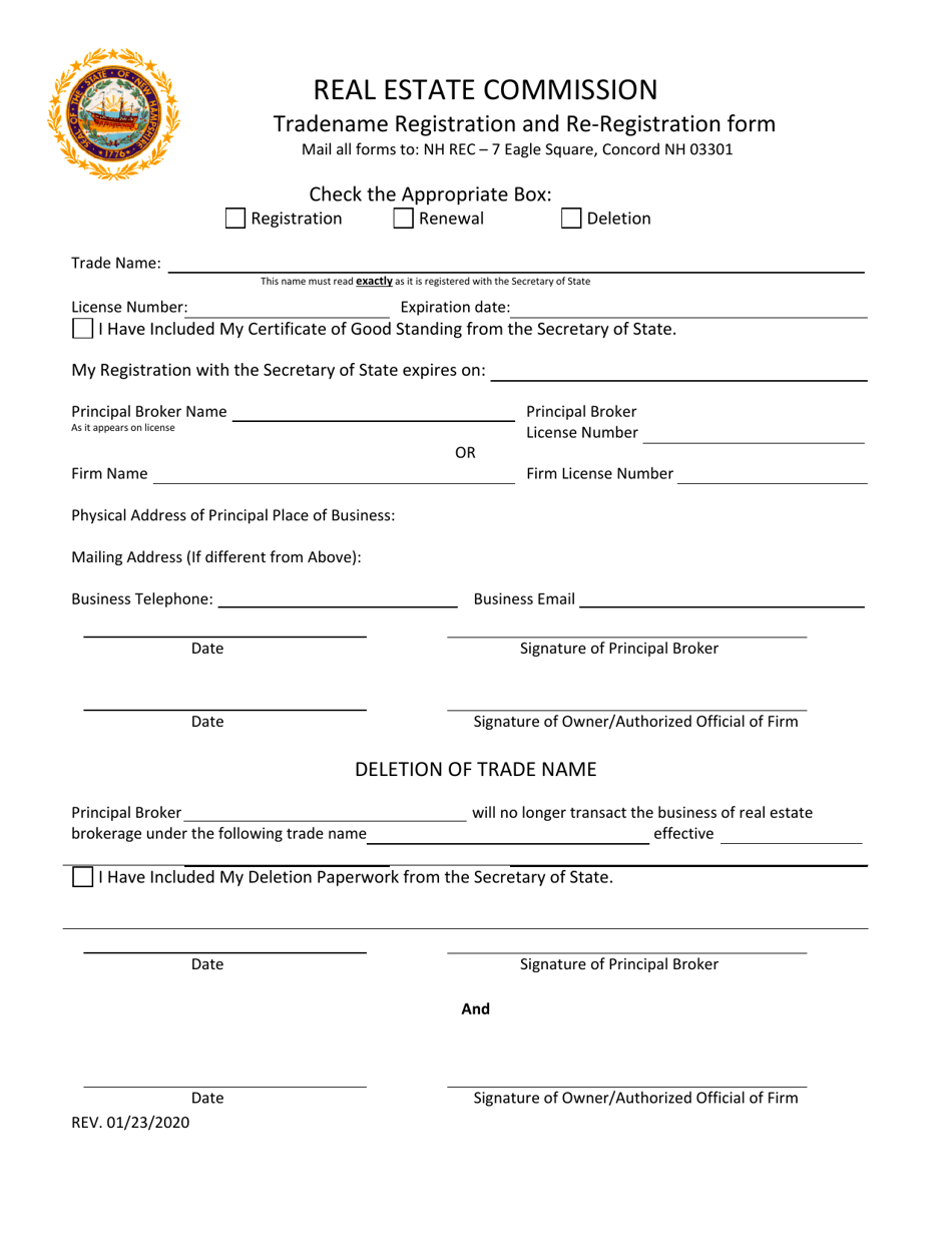 Tradename Registration and Re-registration Form - New Hampshire, Page 1