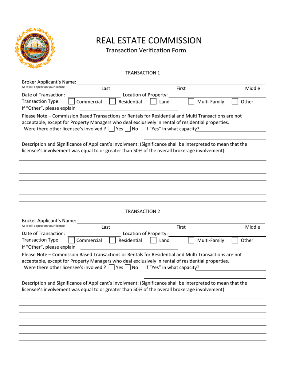 Transaction Verification Form - New Hampshire, Page 1