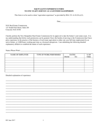 Equivalent Experience Form to One Year's Service as a Licensed Salesperson - New Hampshire