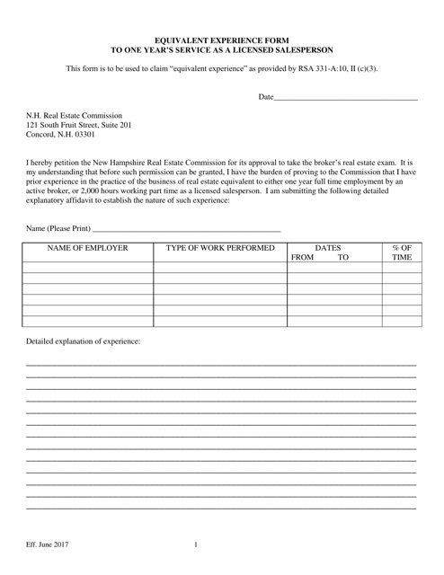 Equivalent Experience Form to One Year's Service as a Licensed Salesperson - New Hampshire Download Pdf