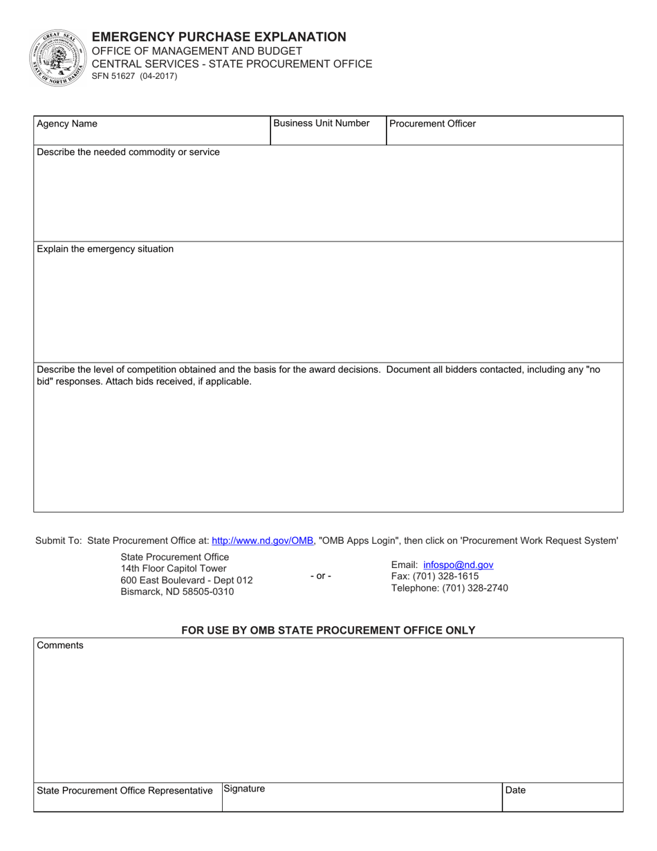 Form SFN51627 Emergency Purchase Explanation - North Dakota, Page 1