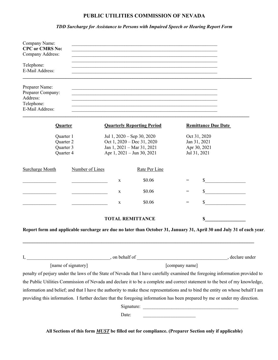 Tdd Surcharge for Assistance to Persons With Impaired Speech or Hearing Report Form - Nevada, Page 3