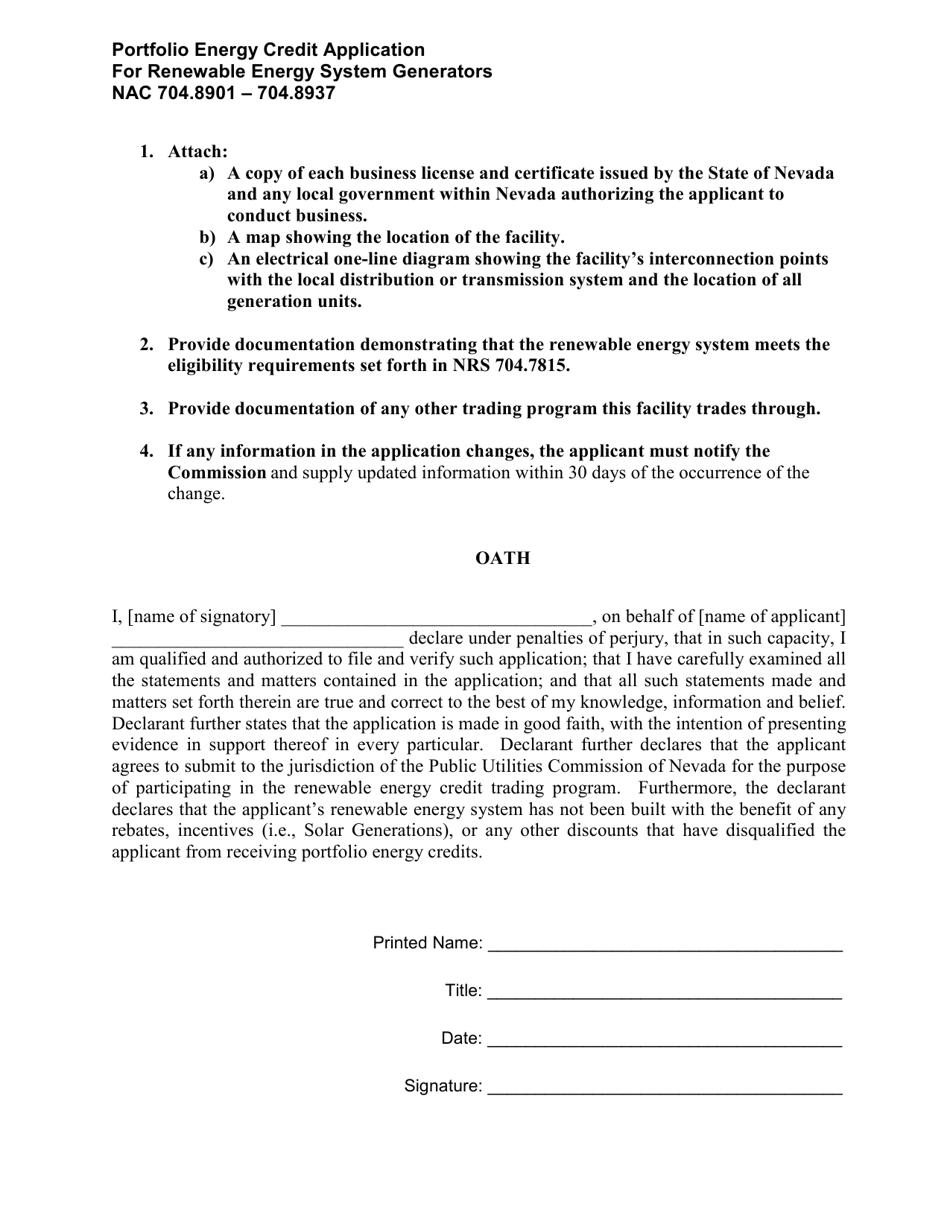 Nevada Portfolio Energy Credit Application for Renewable Energy System
