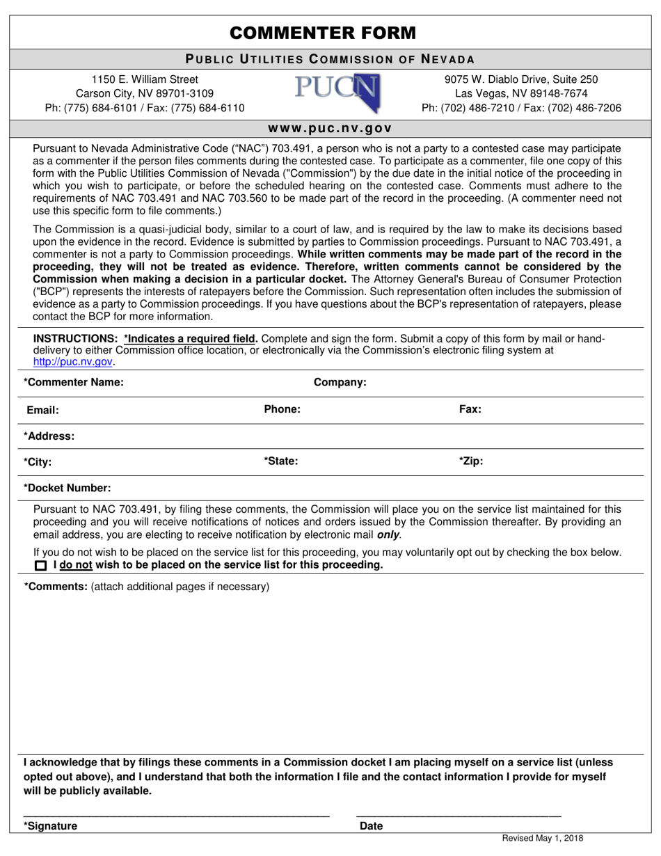 Commenter Form - Nevada, Page 1