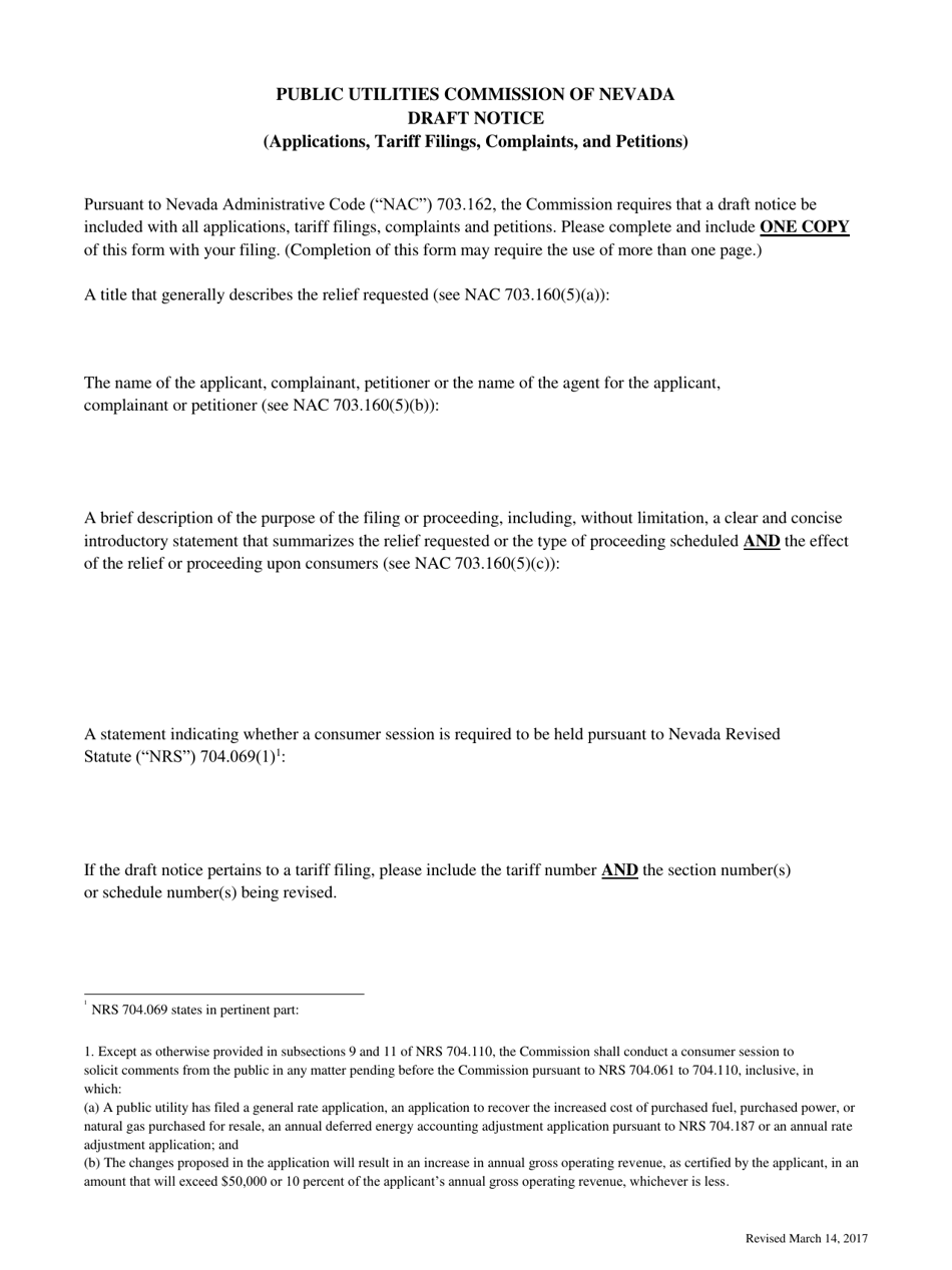 Nevada Draft Notice (Applications, Tariff Filings, Complaints, and