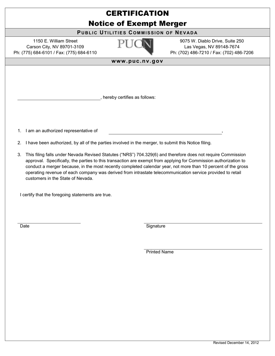 Nevada Notice of Exempt Merger Fill Out, Sign Online and Download PDF