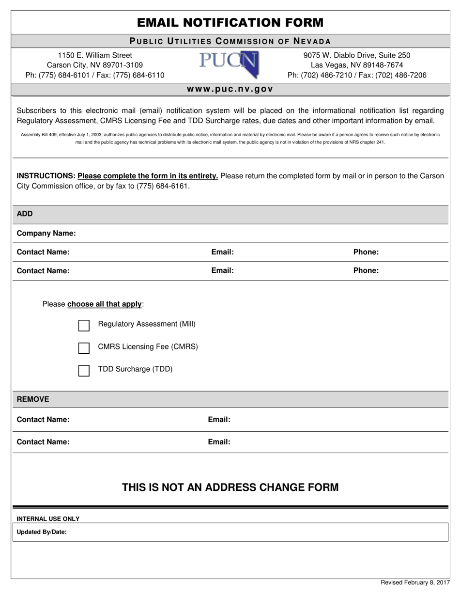 Email Notification Form - Nevada, Page 1