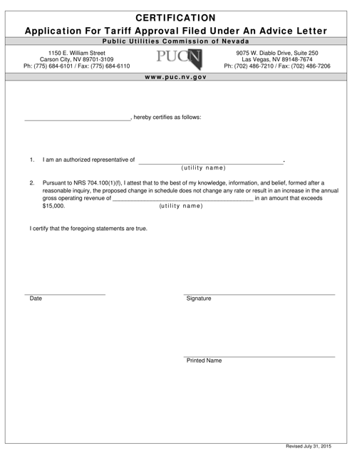 Application for Tariff Approval Filed Under an Advice Letter - Nevada Download Pdf