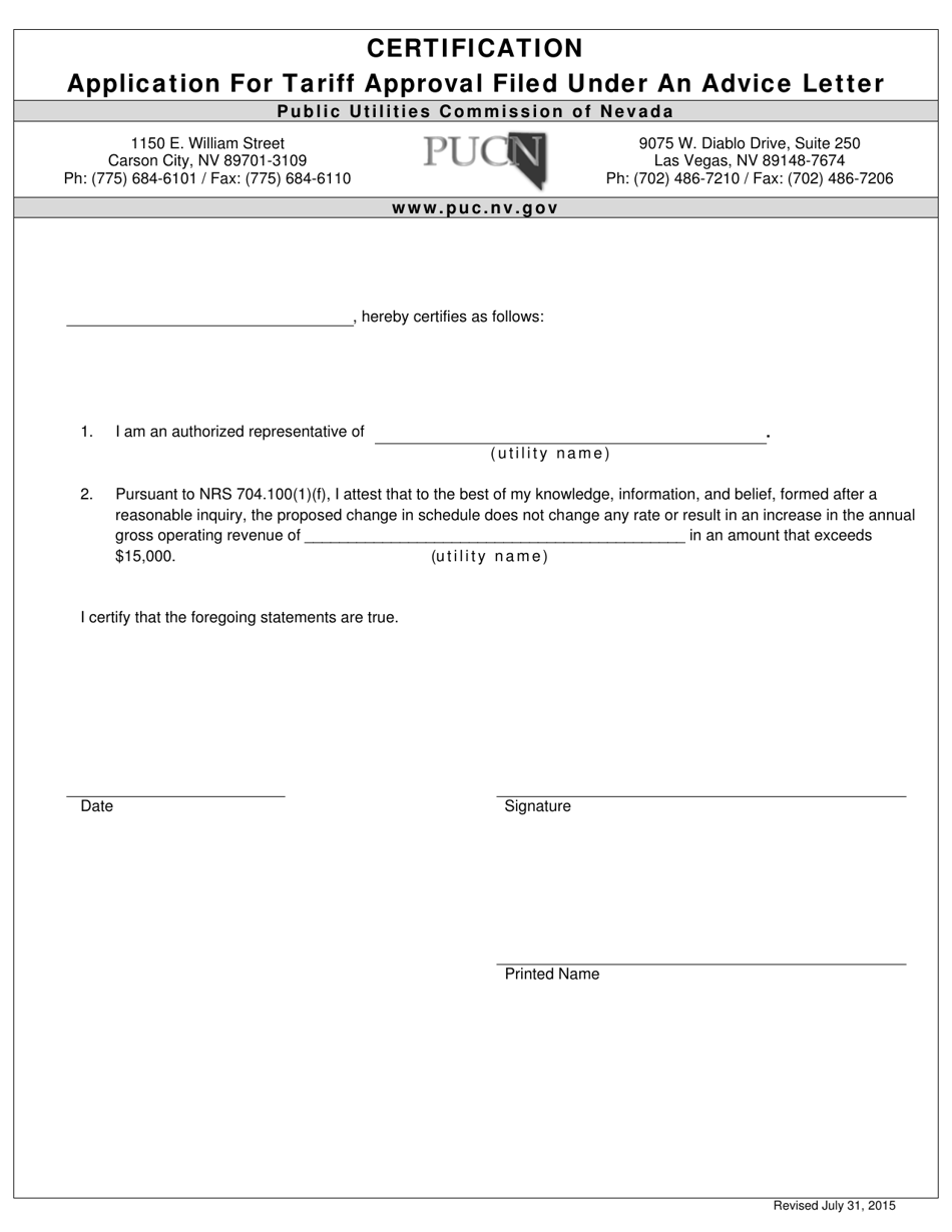 Application for Tariff Approval Filed Under an Advice Letter - Nevada, Page 1
