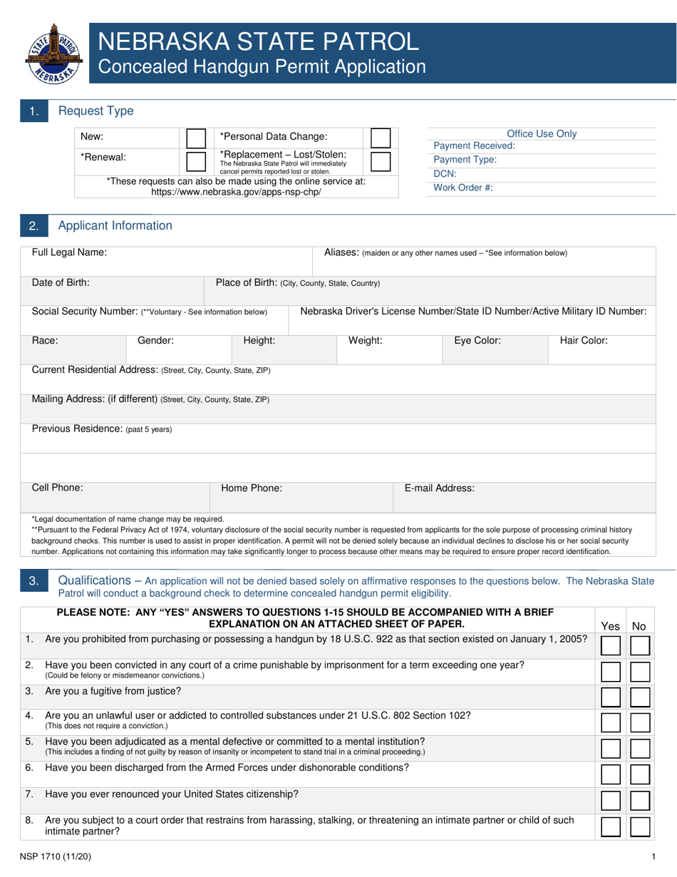 Form NSP1710 Concealed Handgun Permit Application - Nebraska, Page 1