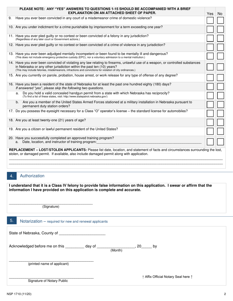 Form NSP1710 Concealed Handgun Permit Application - Nebraska, Page 2