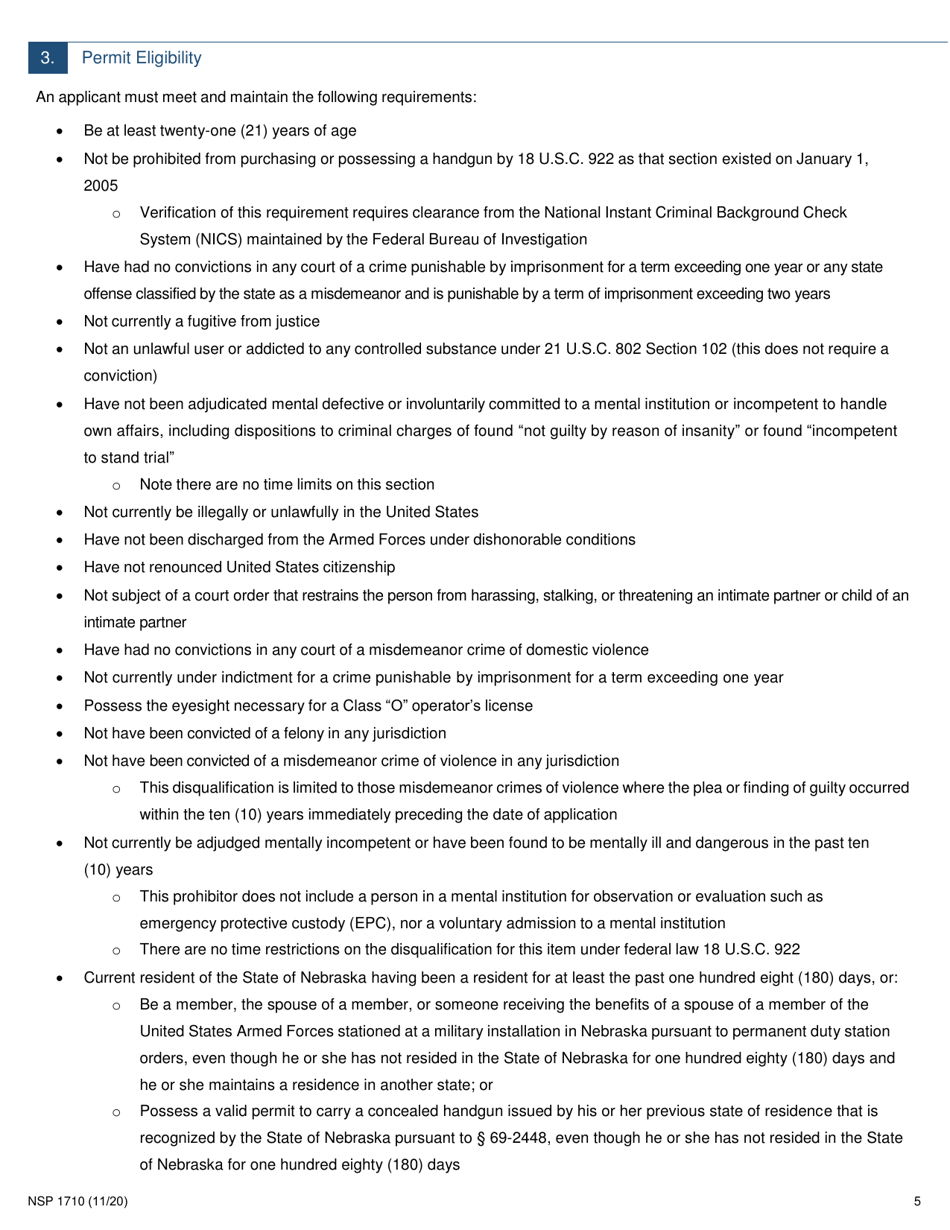 Form NSP1710 Concealed Handgun Permit Application - Nebraska, Page 5