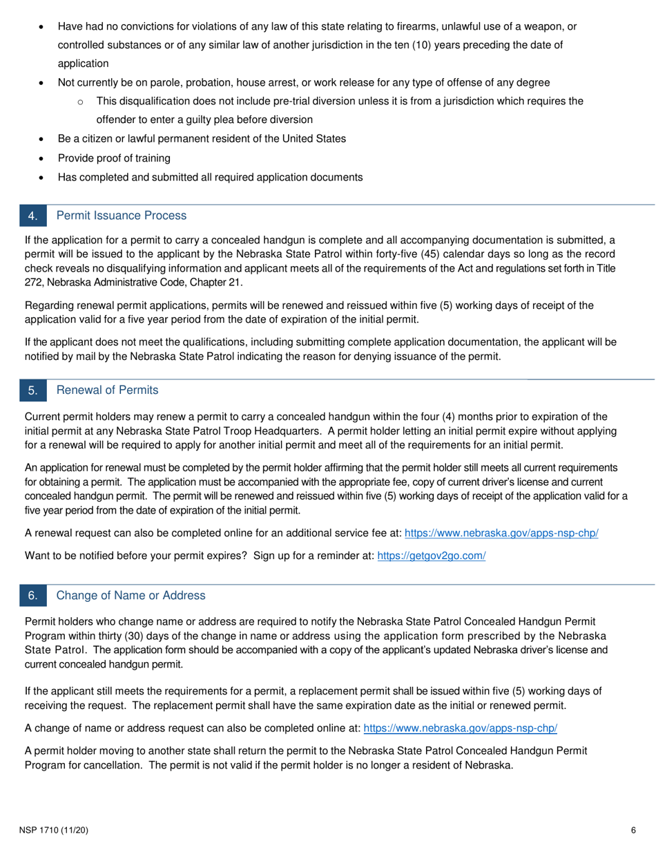 Form NSP1710 Concealed Handgun Permit Application - Nebraska, Page 6
