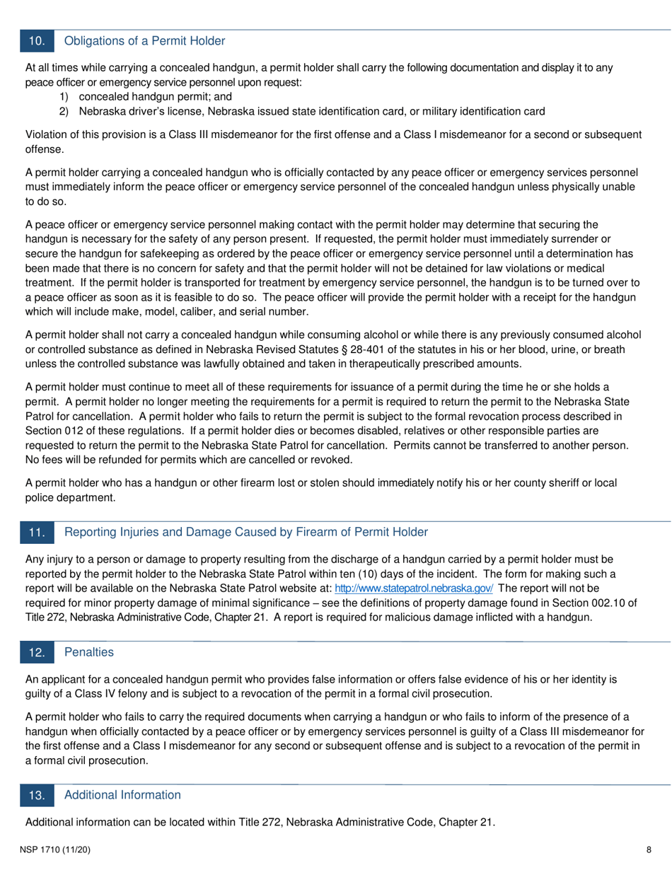Form NSP1710 Concealed Handgun Permit Application - Nebraska, Page 8