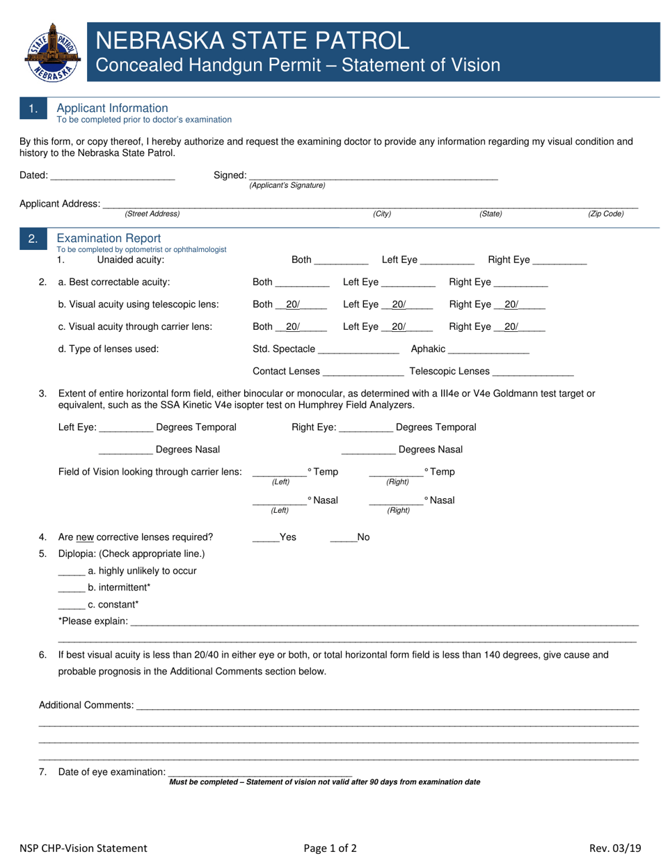 Nebraska Concealed Handgun Permit Statement of Vision Fill Out