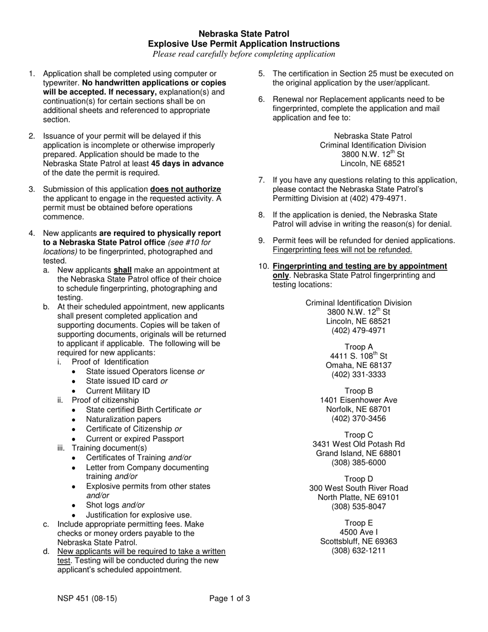 Form NSP451 Explosive Use Permit Application - Nebraska, Page 1