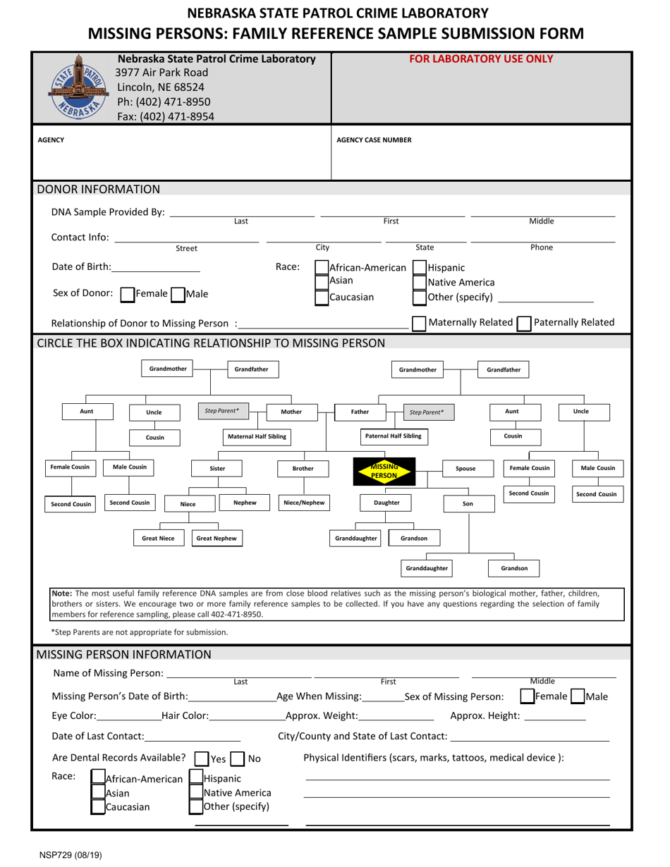 Form NSP729 Missing Persons: Family Reference Sample Submission Form - Nebraska, Page 1