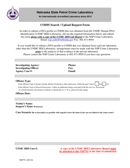 Form NSP751 Codis Search/Upload Request Form - Nebraska